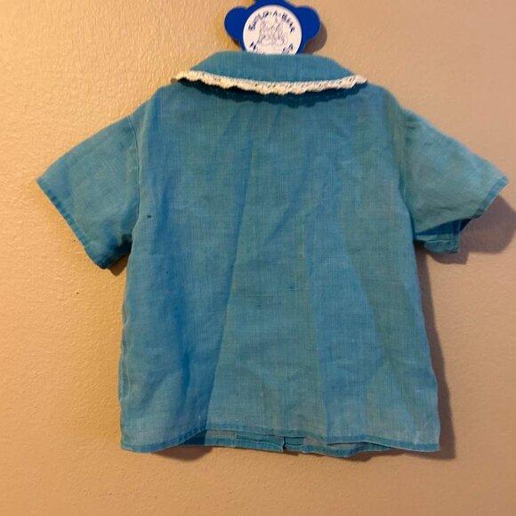 Vintage Handmade little Boys Shirt Blue With Lace Button Up - Picture 5 of 6